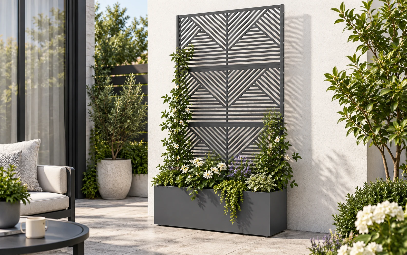 Metal Privacy Screen Planter Box with Geometric Slat Panel view 3