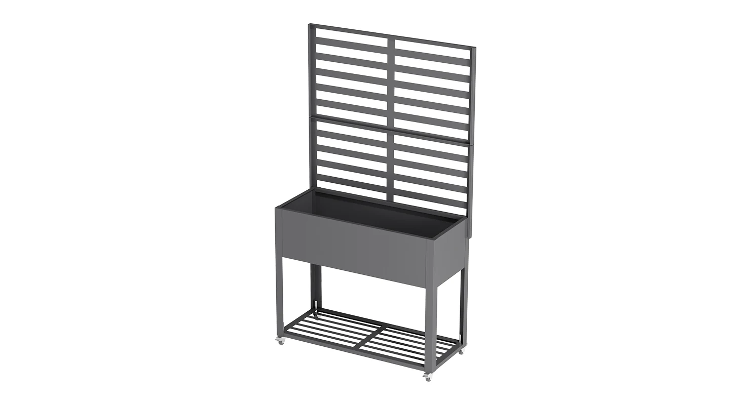 Metal Privacy Screen Planter Box with Horizontal Slat Panel and Shelf