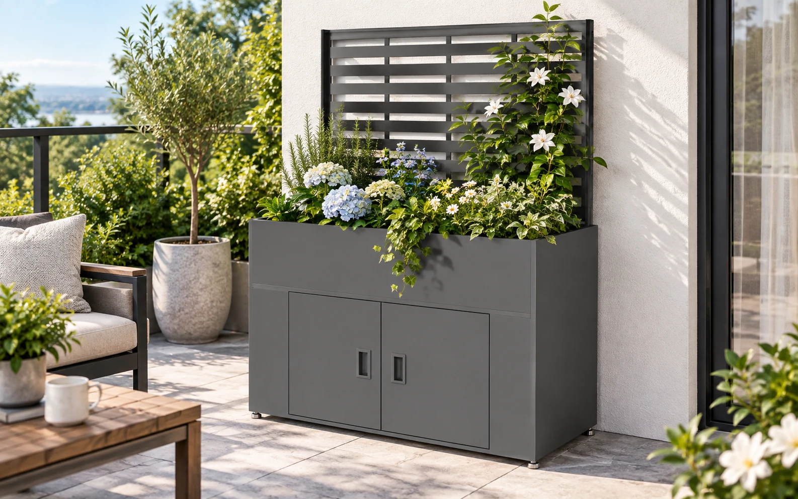 Metal Privacy Screen Planter Cabinet with Horizontal Slat Panel view 3