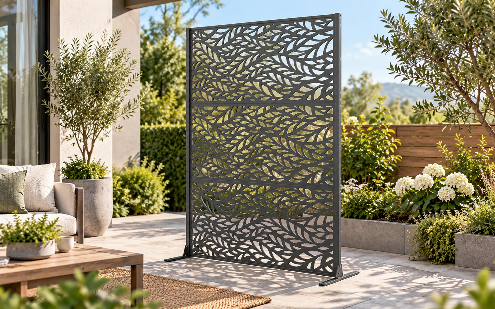 Decorative Metal Privacy Screen with Leaf Pattern Panel view 3